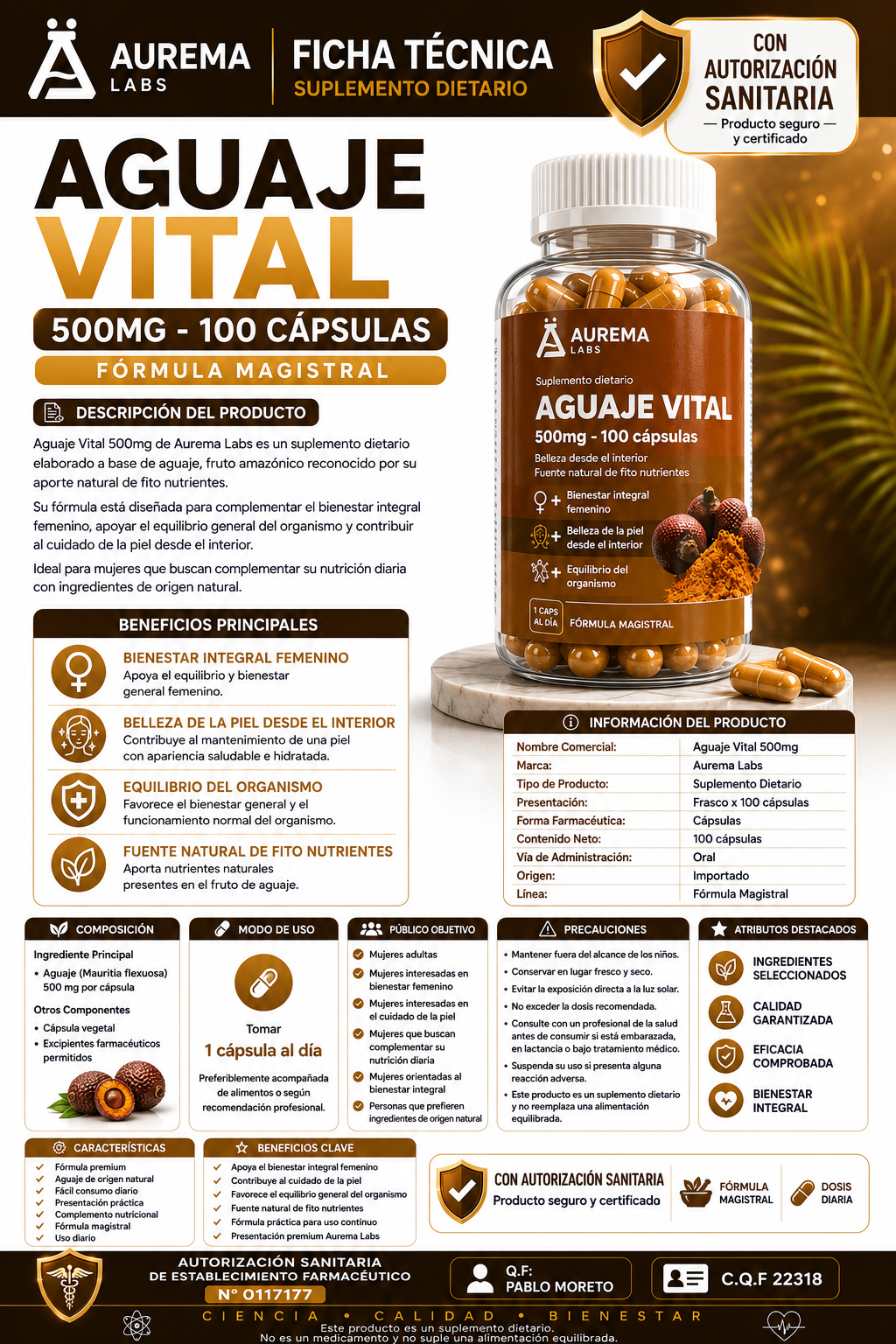 AGUAJE VITAL 500MG 100 CAPSULAS - CON AUTORIZACION SANITARIA